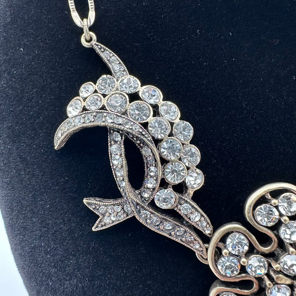 Allison Reed Gold Tone Crystal Rhinestone Flower Leaf Ribbon Statement Necklace - Picture 7 of 12
